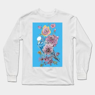 Blue Budgie and Rose Watercolor Painting on Blue Long Sleeve T-Shirt